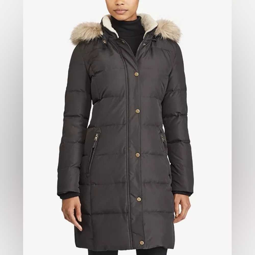 Lauren Ralph Lauren Faux-Fur-Trim Quilted Puffer Coat XS Extra Small Down Filled